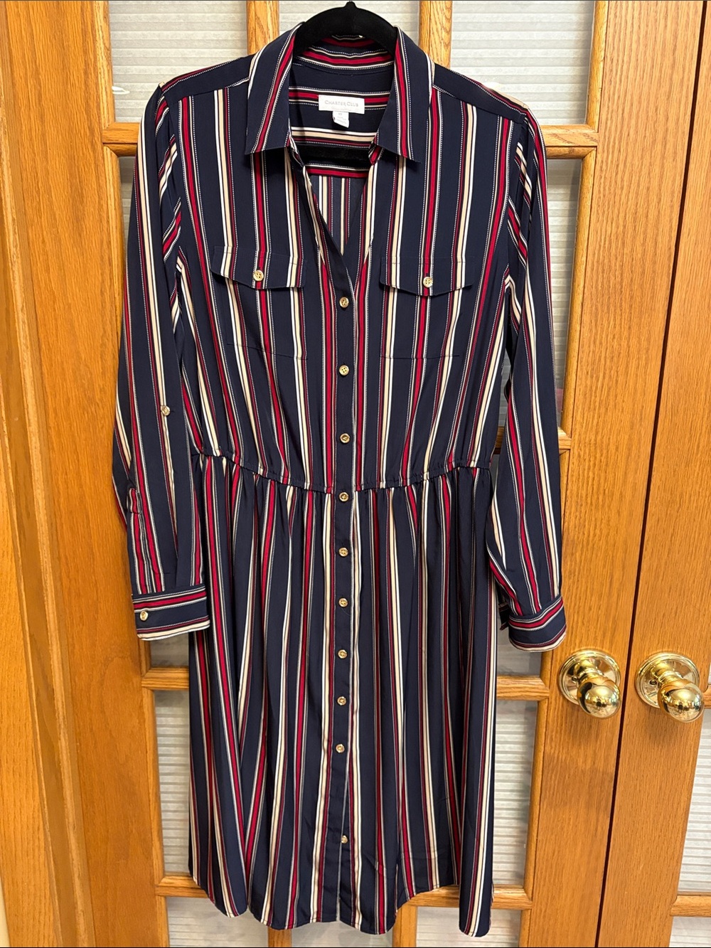 EUC Charter Club Navy Striped Button-Front Shirt Dress w Red Cream Accents